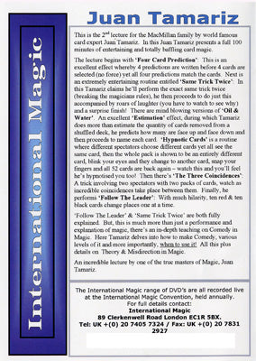 Juan Tamariz 2nd Lecture by International Magic - DVD